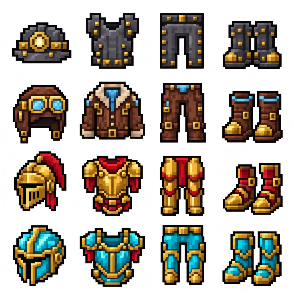 Pixel-art armour sets: Prospector, Aeronaut, Brass Duelist and Compacted Diamond