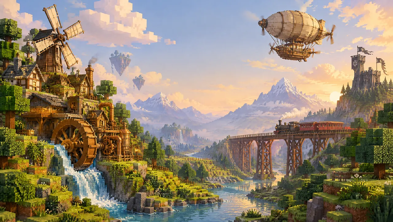 Painted key art: a water wheel and windmill workshop, a train on a trestle bridge and an airship over a river valley