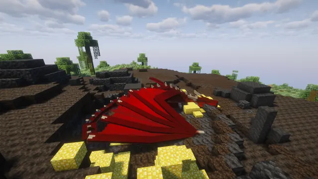 Elvarg, a red fire dragon, lying on her gold