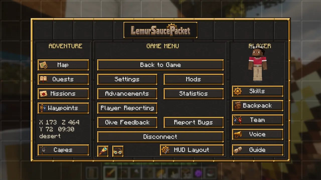 The brass and iron ESC menu with buttons for the map, quests, missions, skills and settings
