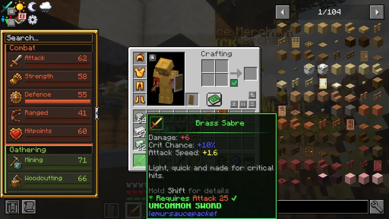 The tooltip of the Brass Sabre showing its rarity, stats and Attack requirement