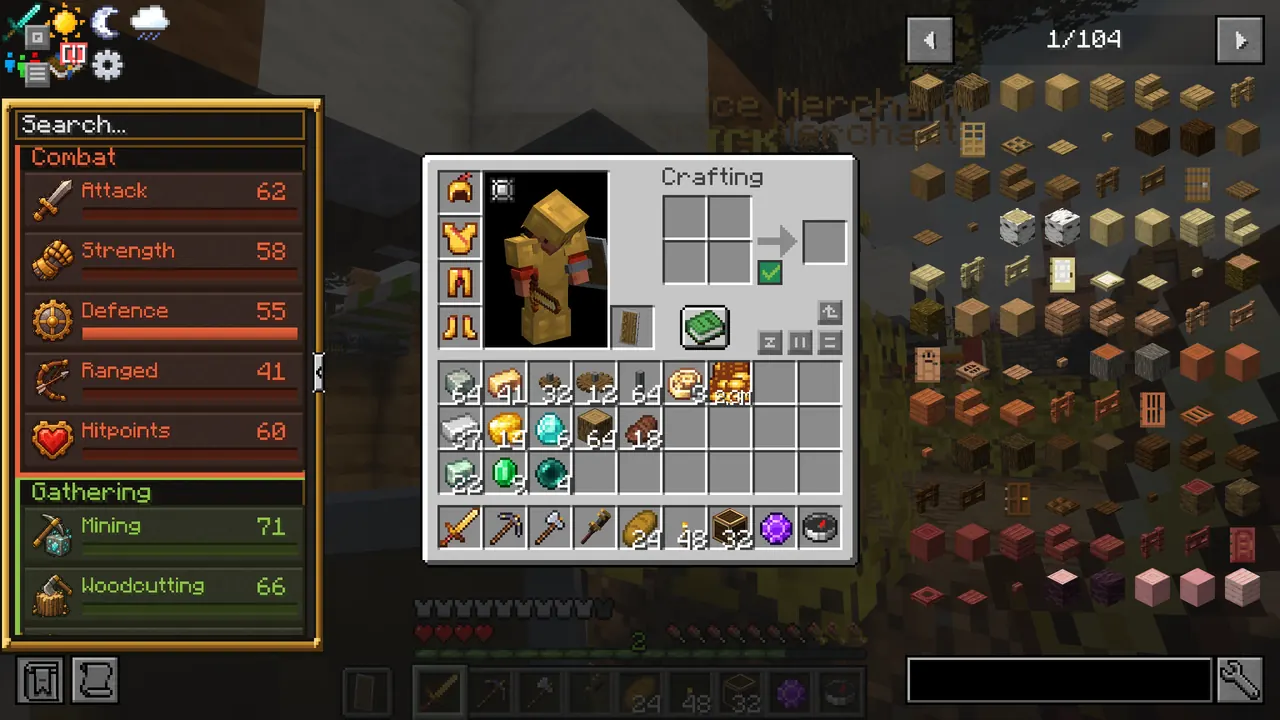 The inventory with the skills panel beside it, listing fourteen skills and their levels