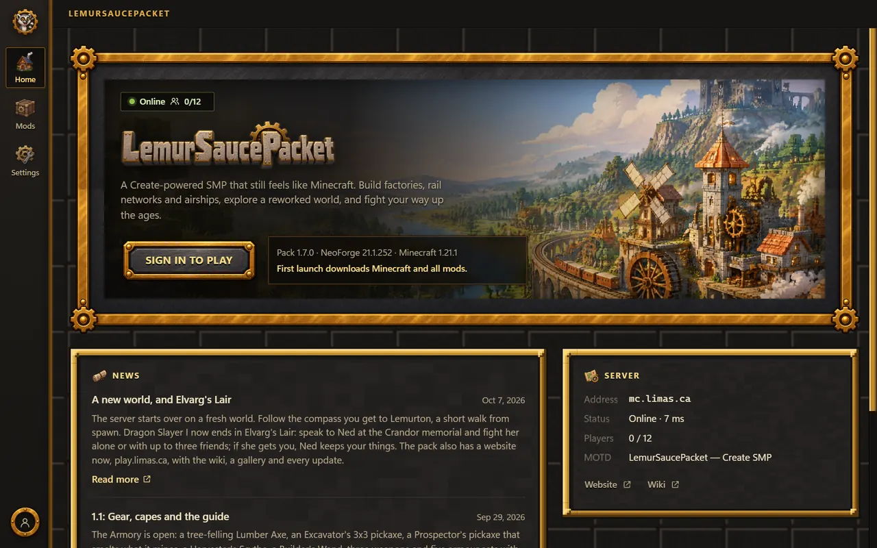 The LemurSaucePacket launcher: key art in a brass frame, a Play button and the server's status