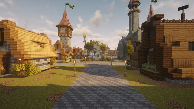 A cobbled avenue lined with lamps and timber houses
