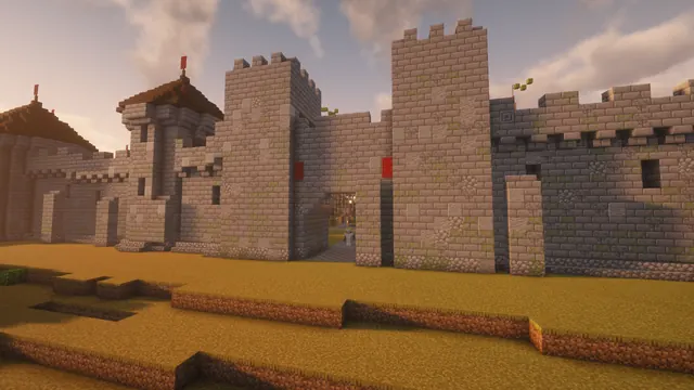A stone gatehouse in Lemurton's city wall at sunset