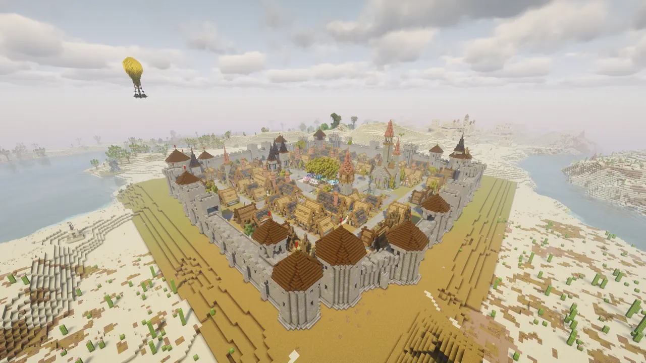 Lemurton seen from above: a walled city with round towers, a market square and a cathedral