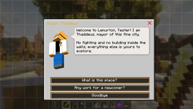 A dialog with Mayor Thaddeus in Lemurton