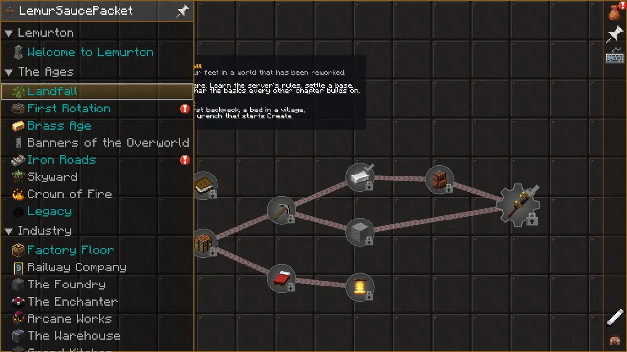 The quest book open on the Landfall chapter, quests linked across a parchment map