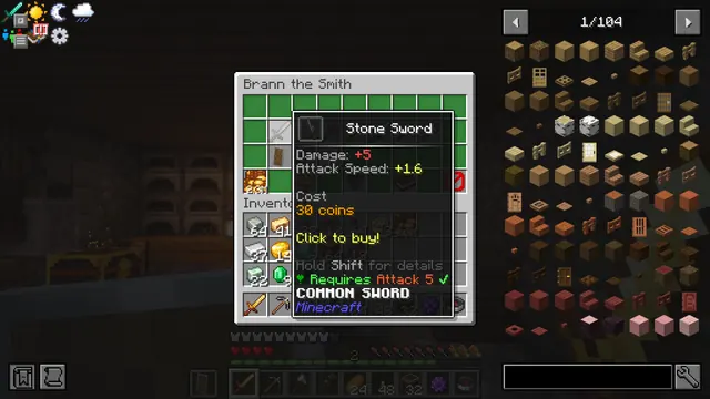 Brann the Smith's shop with a stone sword's price in its tooltip