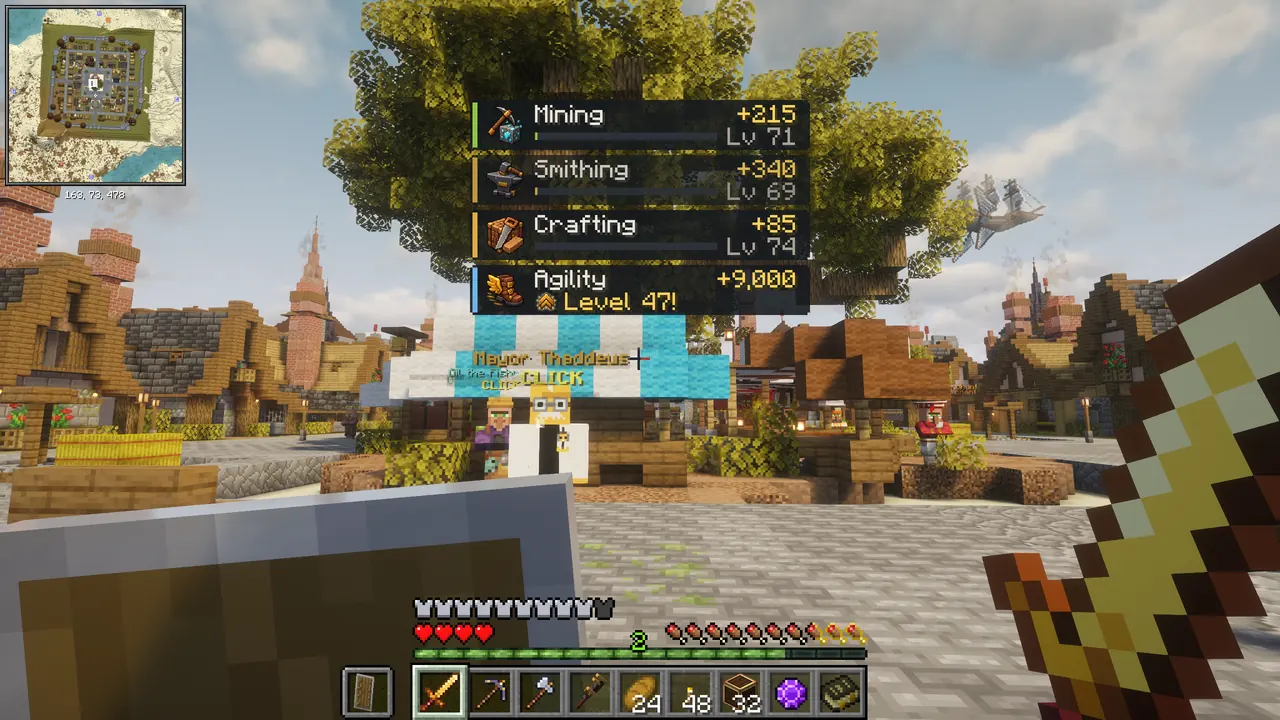 The XP tracker at the top of the screen showing cards for Mining, Smithing and Crafting